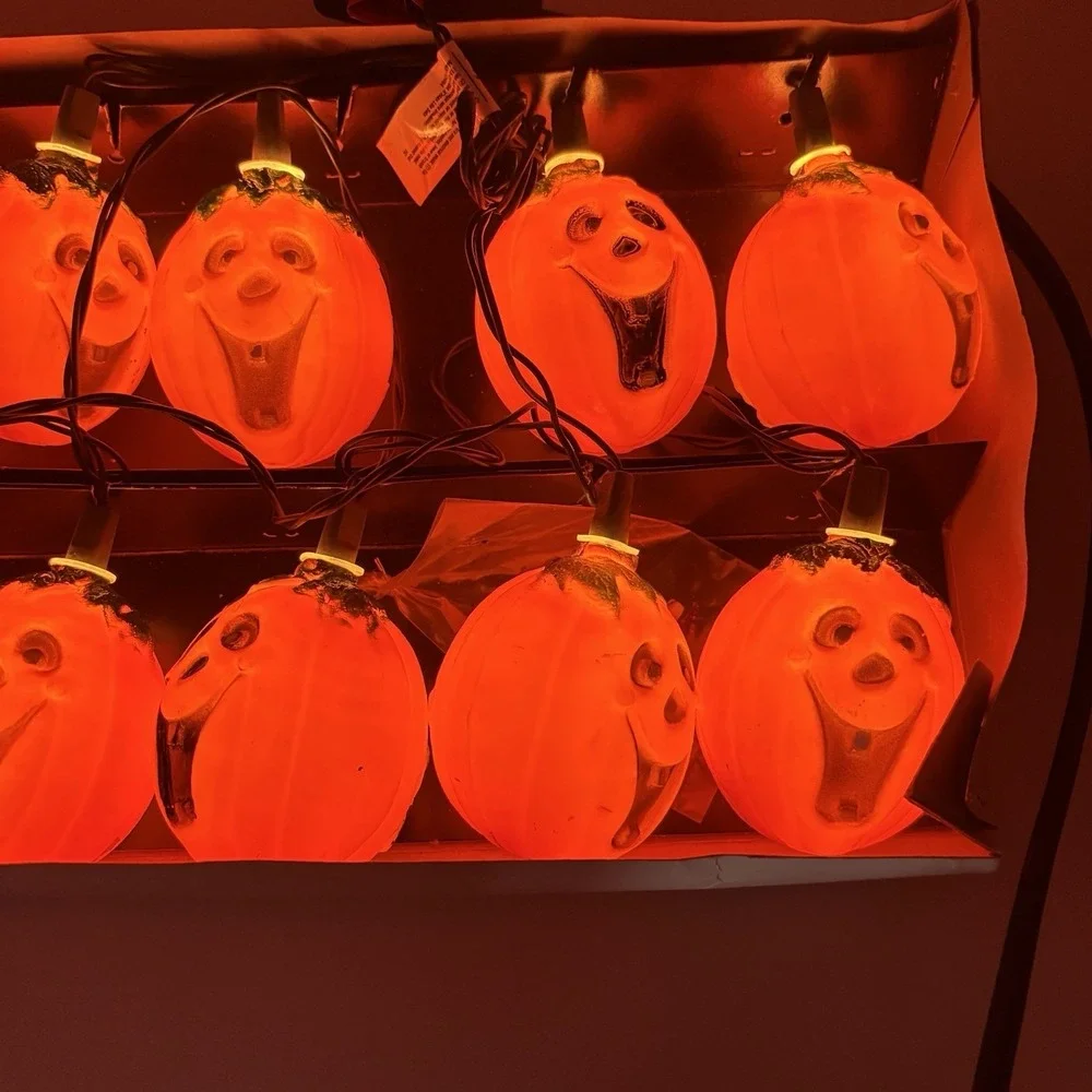 Vintage Jack o lantern Blow Mold String Lights 10‎ Orange Halloween Happy Face